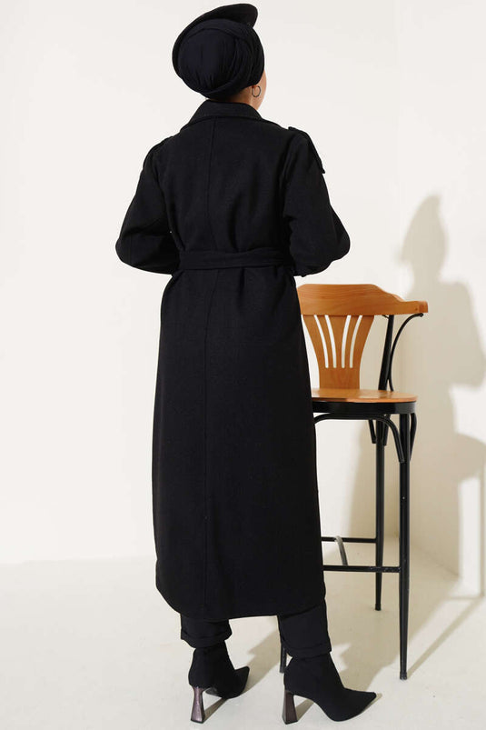 Belted Shoulder Epaulette Long Cashmere Coat Black