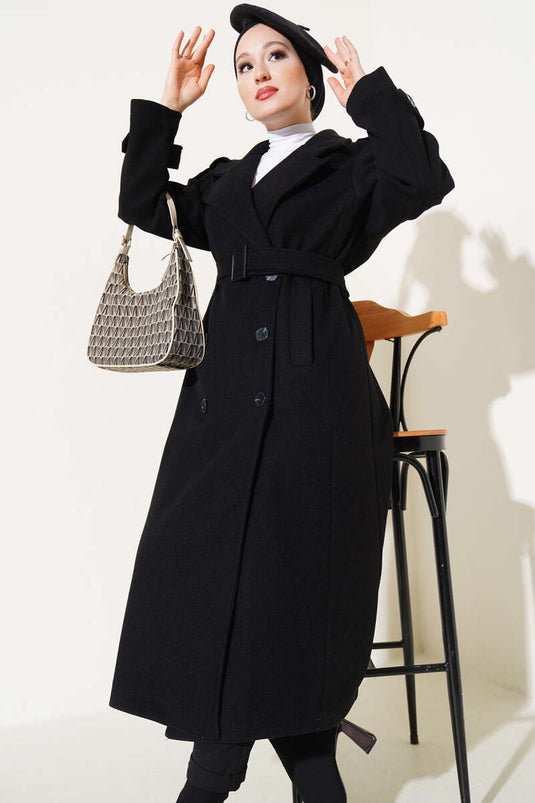 Belted Shoulder Epaulette Long Cashmere Coat Black