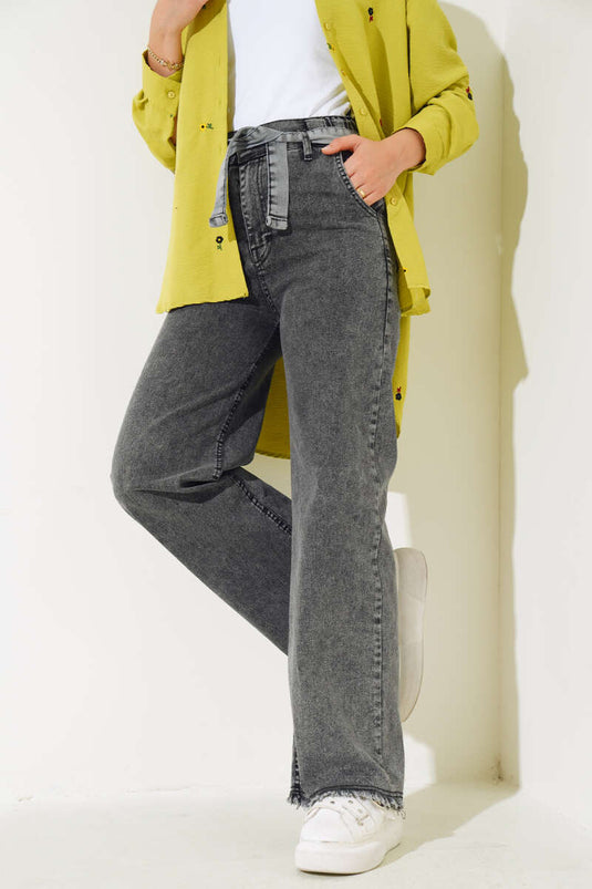 Belted Fringed Denim Pants Charcoal