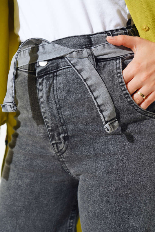 Belted Fringed Denim Pants Charcoal