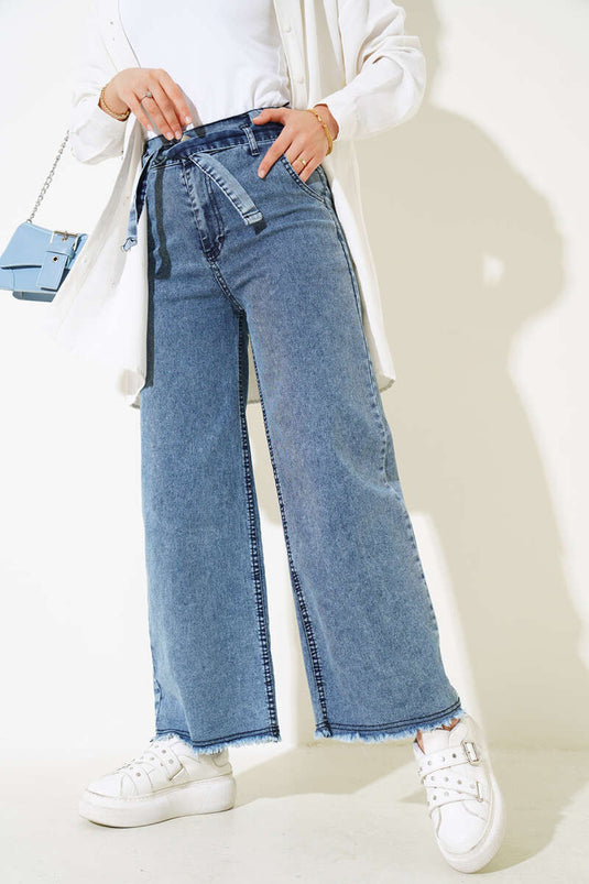 Belted Fringed Denim Pants