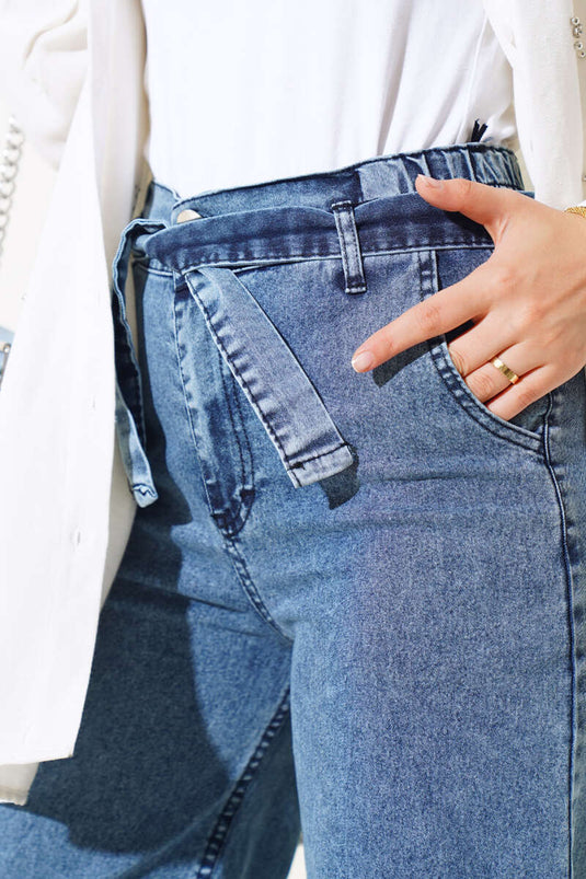 Belted Fringed Denim Pants