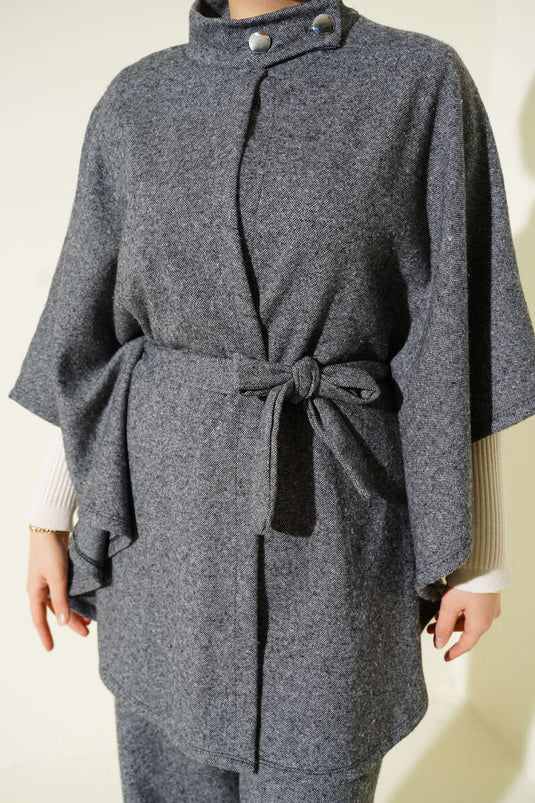 Belted Poncho Two Piece Set Smoke