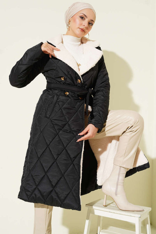 Belted Plush Detailed Quilted Coat Black