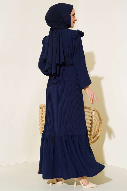 Pleated Belted Princess Dress Navy Blue