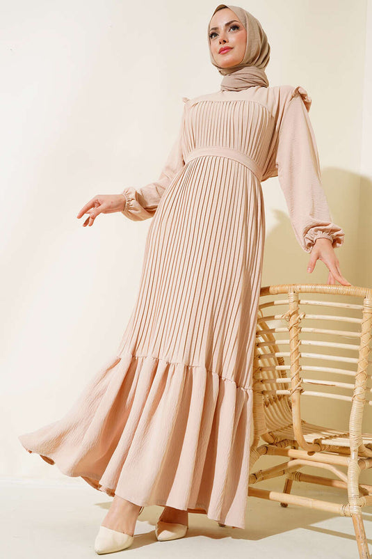 Robe princesse plissée ceinturée couleur pierre