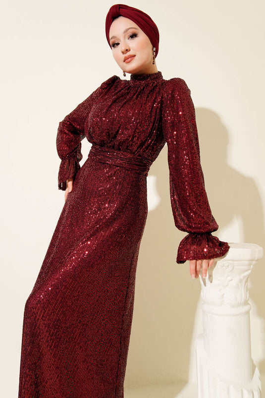 Belted Sequin Detailed Evening Gown in Bordeaux