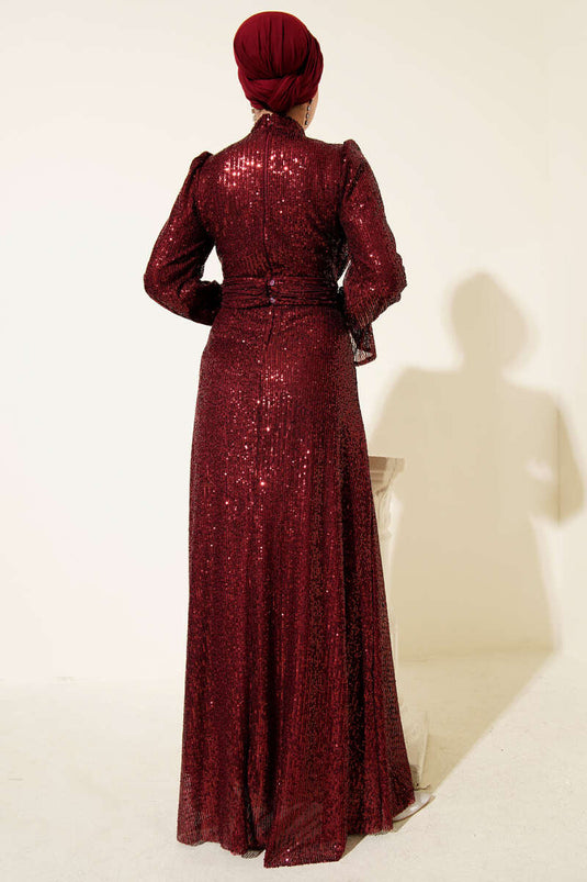 Belted Sequin Detailed Evening Gown in Bordeaux