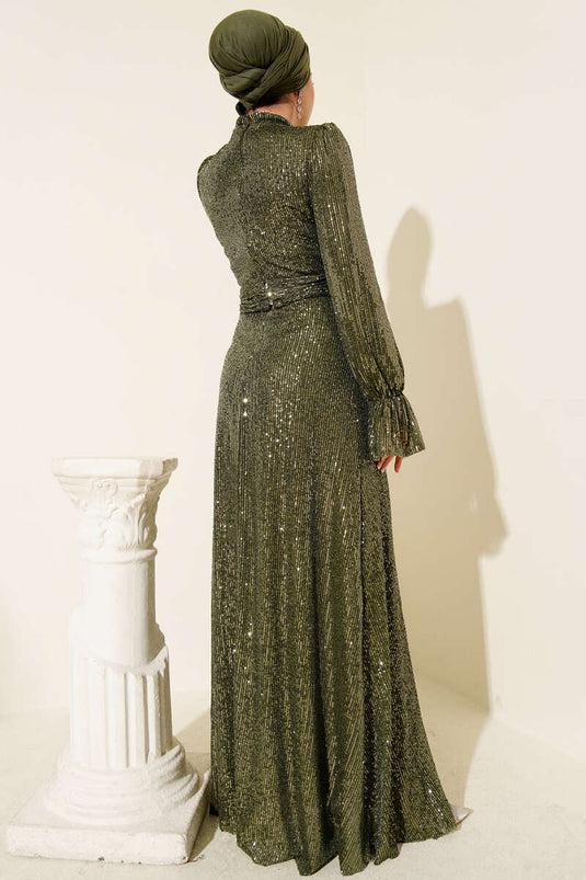 Belted Beaded Sequin Detailed Formal Dress Khaki