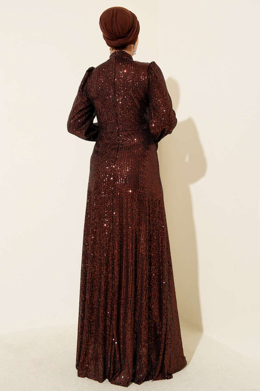 Belted Sequin and Bead Detailed Evening Dress Brown