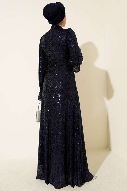 Navy Blue Formal Dress with Belt and Sequin Detailing