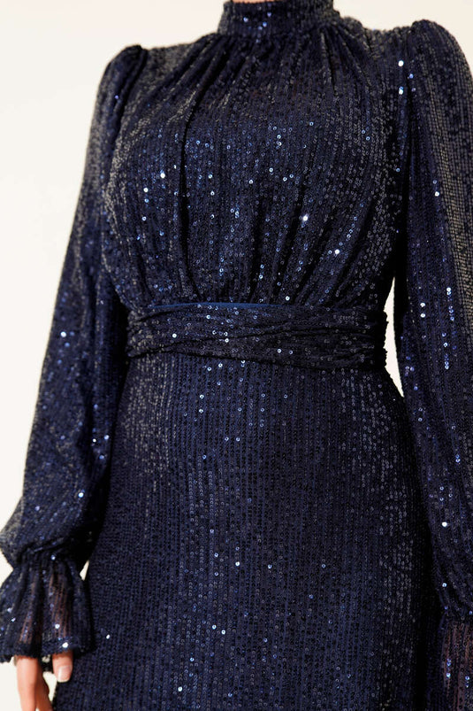 Navy Blue Formal Dress with Belt and Sequin Detailing
