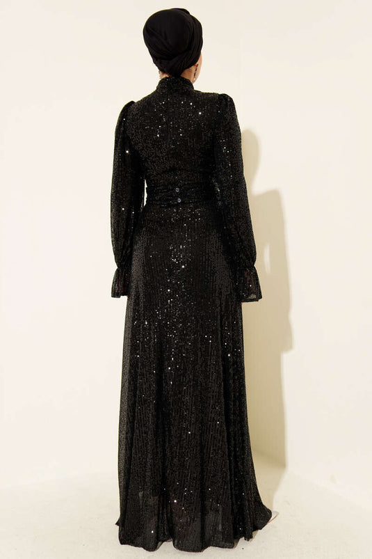 Belted Evening Dress with Sequin and Bead Detailing - Black