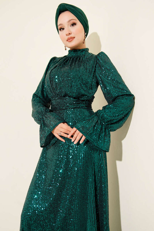 Emerald Green Belted Evening Dress with Sequin and Bead Details