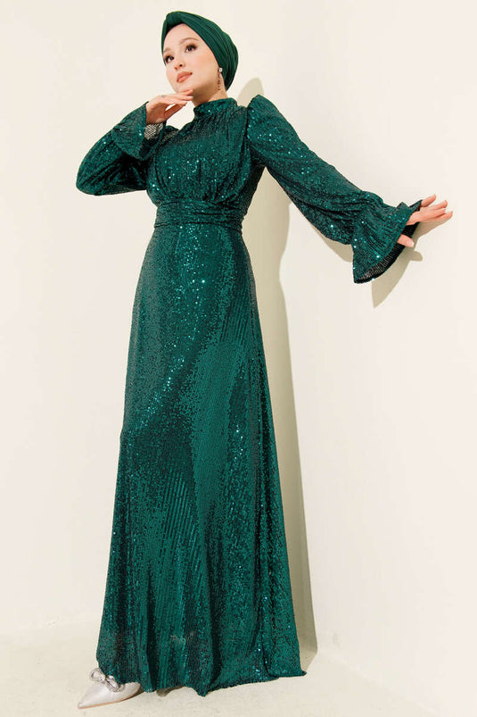 Kuşaklı Pul Payet Detaylı Abiye Elbise Zümrüt Yeşili