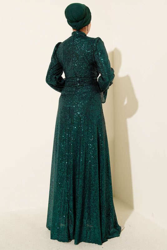 Emerald Green Belted Evening Dress with Sequin and Bead Details