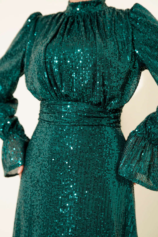 Kuşaklı Pul Payet Detaylı Abiye Elbise Zümrüt Yeşili