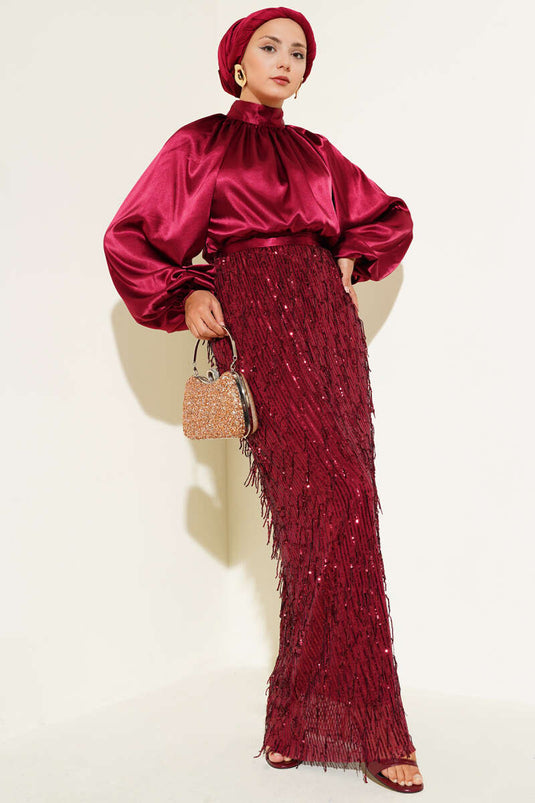 فستان سهرة بحزام مزين بالترتر باللون العنابي