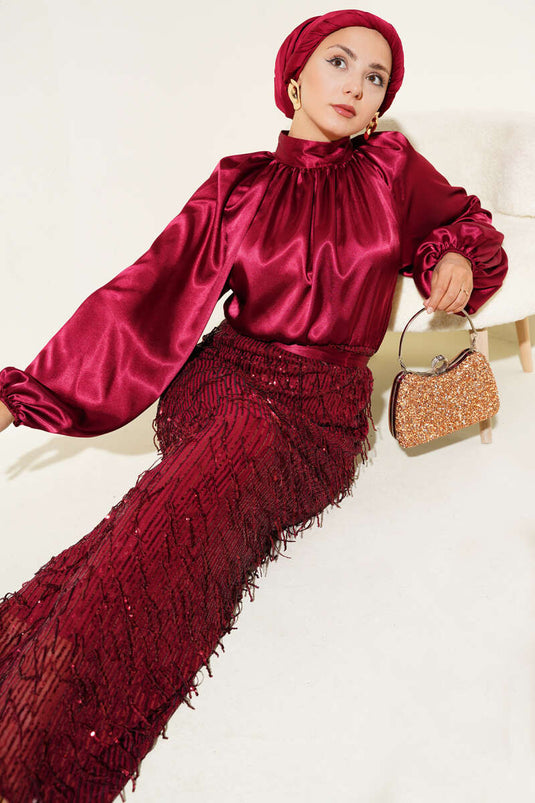 فستان سهرة بحزام مزين بالترتر باللون العنابي