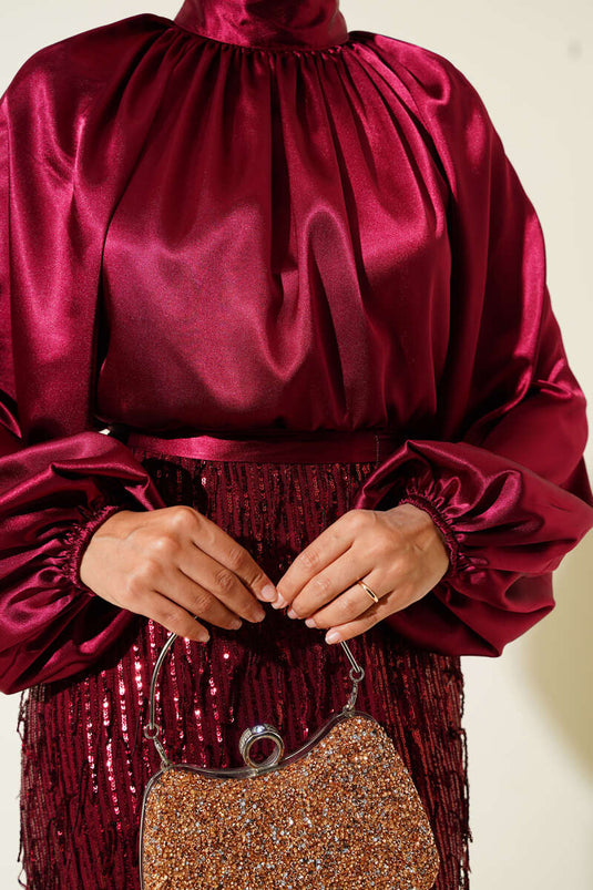 فستان سهرة بحزام مزين بالترتر باللون العنابي