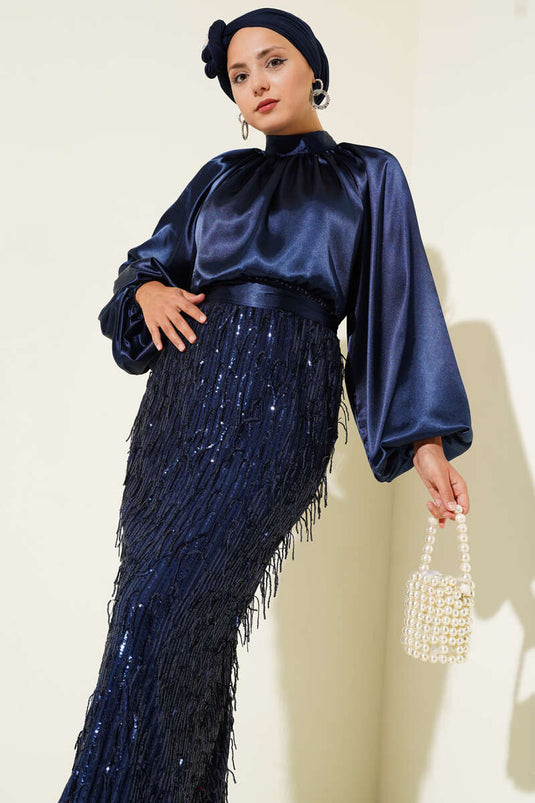 فستان سهرة بحزام مزين بالترتر باللون الأزرق الداكن