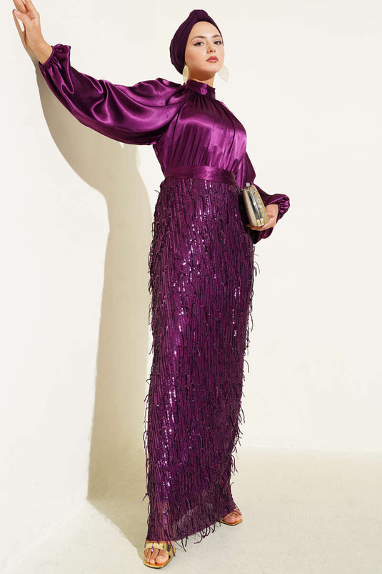 فستان سهرة بحزام مزين بالترتر باللون البنفسجي