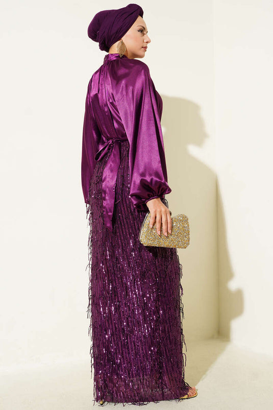 فستان سهرة بحزام مزين بالترتر باللون البنفسجي