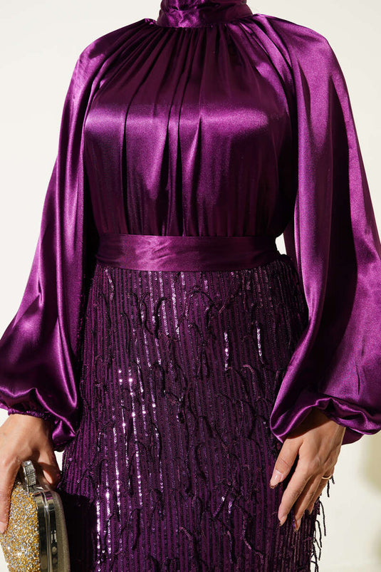 فستان سهرة بحزام مزين بالترتر باللون البنفسجي