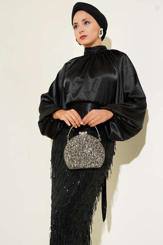 Belted Sequined Evening Dress Black