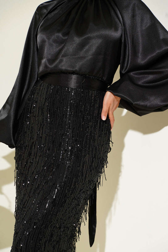 Belted Sequined Evening Dress Black