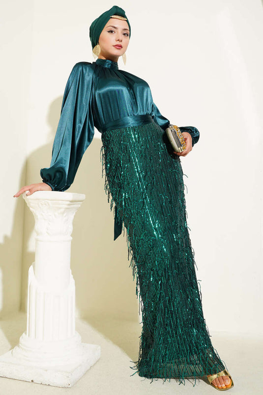 Belted Sequined Evening Dress Green