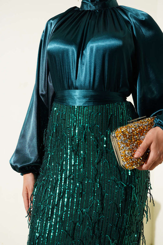 Belted Sequined Evening Dress Green