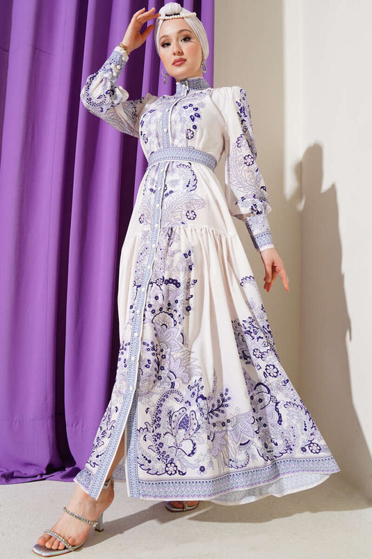 فستان بحزام وأزرار بنمط ريترو، لون أرجواني