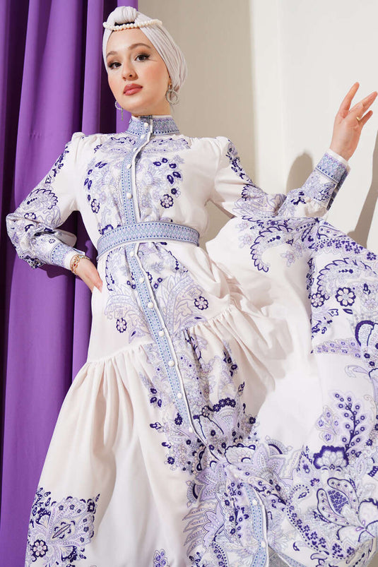 فستان بحزام وأزرار بنمط ريترو، لون أرجواني