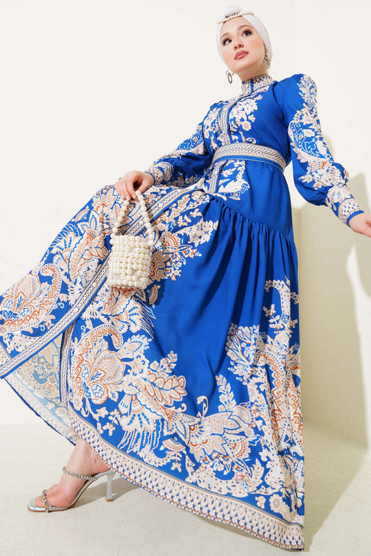 Robe boutonnée à motif rétro ceinturé en Saxe