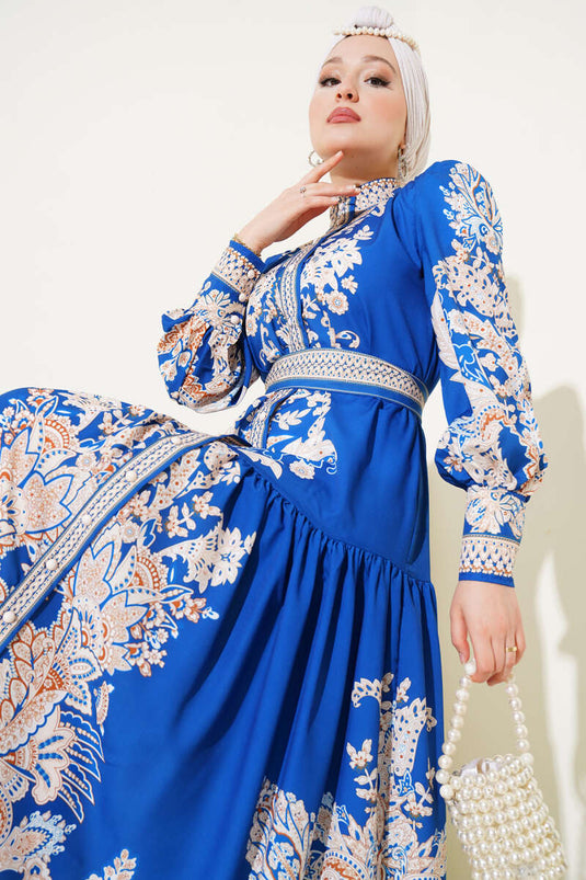 Robe boutonnée à motif rétro ceinturé en Saxe