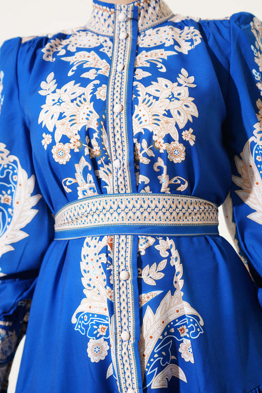 Robe boutonnée à motif rétro ceinturé en Saxe