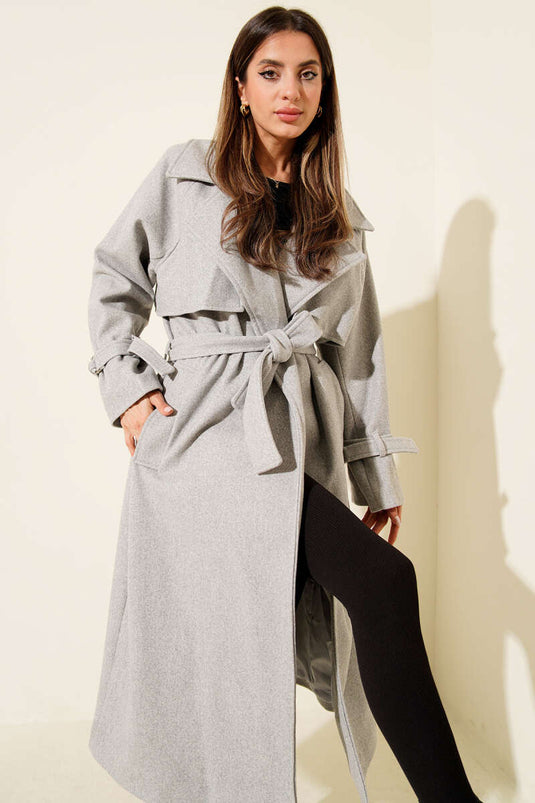 Kuşaklı Rüzgarlıklı Uzun Kaşe Kaban Gri