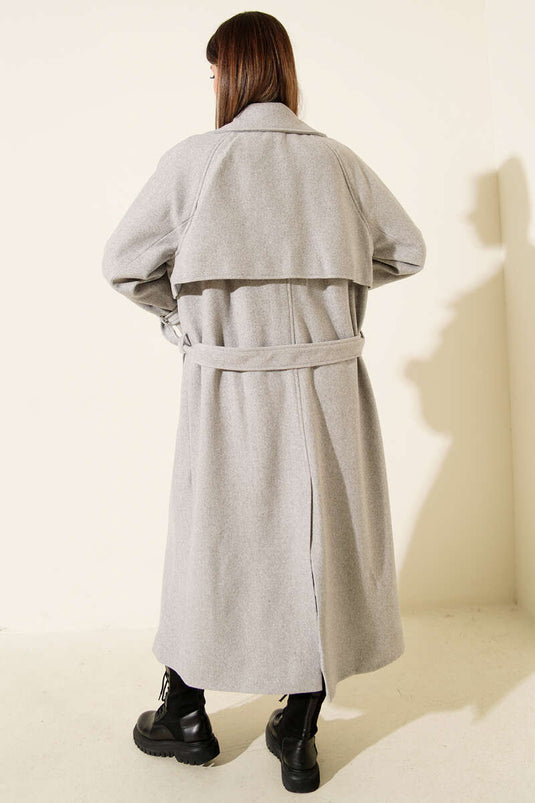 Kuşaklı Rüzgarlıklı Uzun Kaşe Kaban Gri