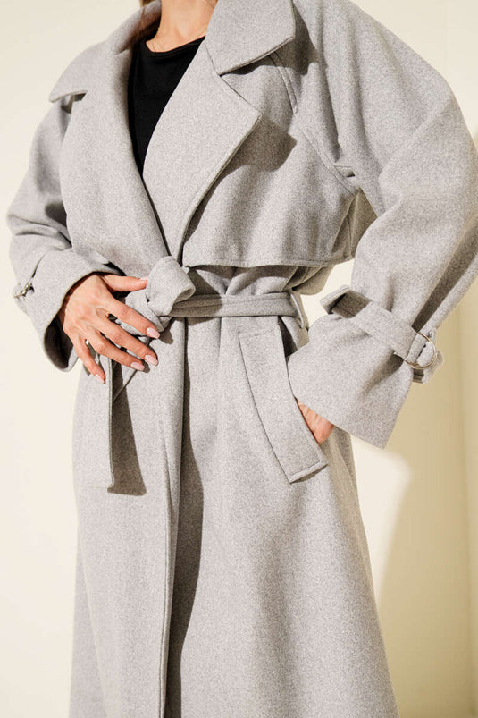 Kuşaklı Rüzgarlıklı Uzun Kaşe Kaban Gri