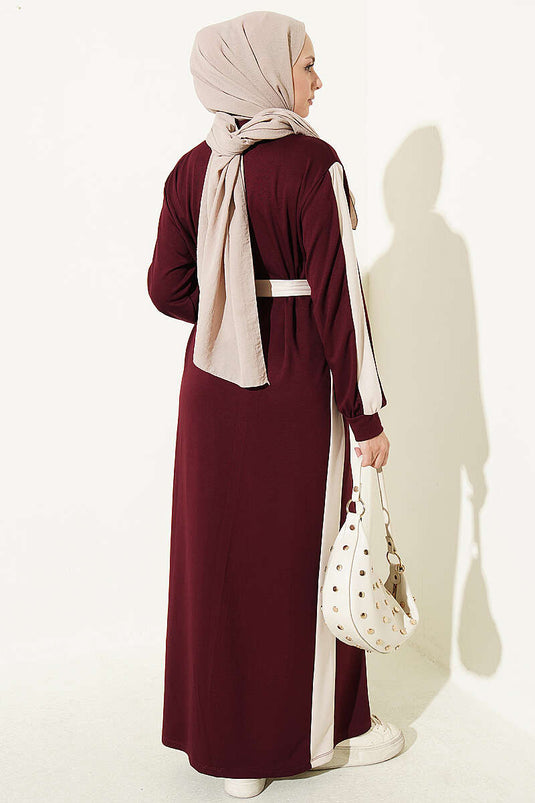 Vestido De Rayas Con Cinturón Burdeos