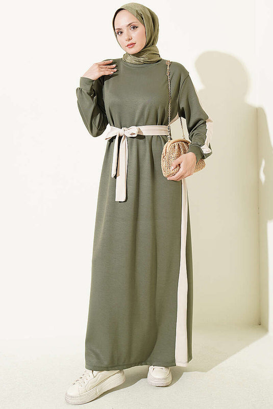 Belted Striped Detail Dress Khaki