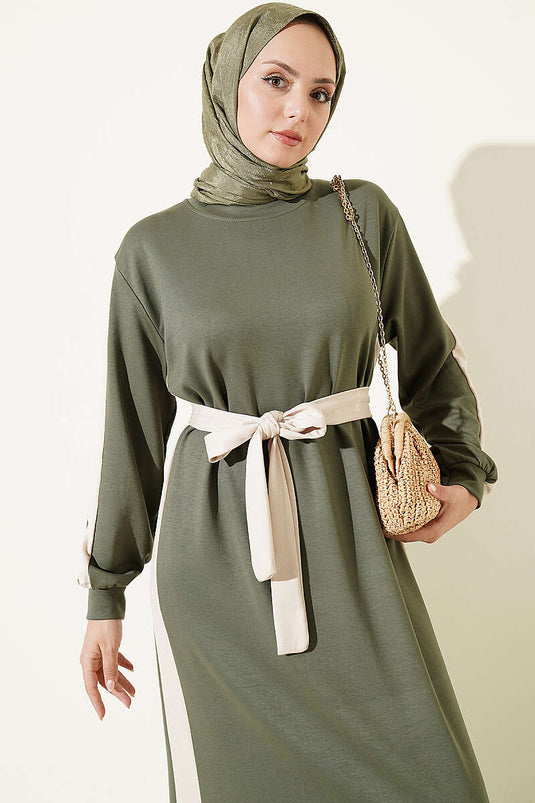 Belted Striped Detail Dress Khaki