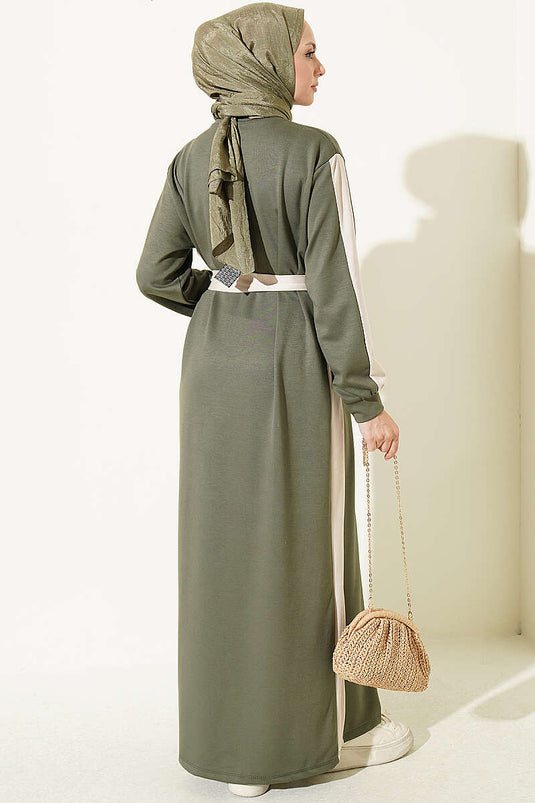 Belted Striped Detail Dress Khaki