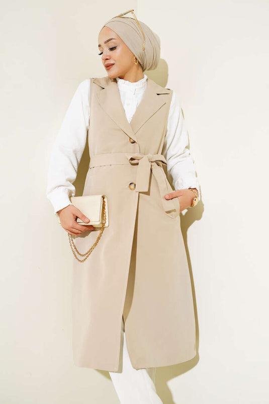 Belted Sleeveless Trench Coat Beige