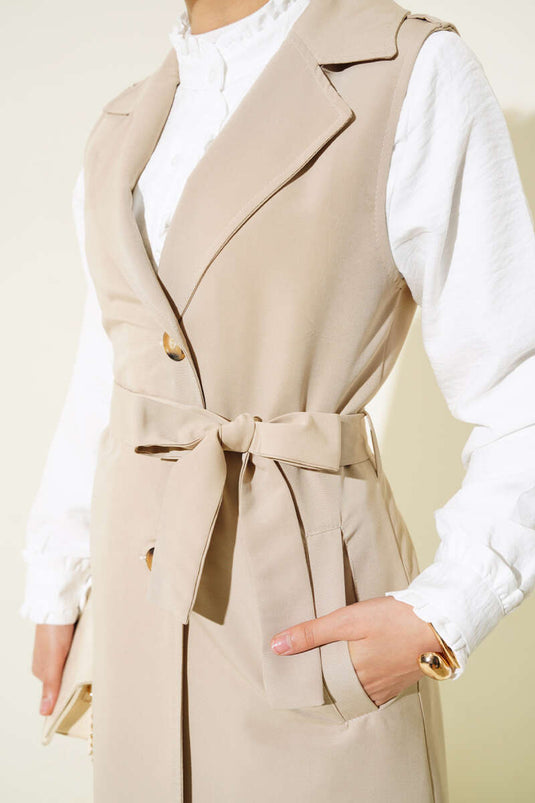 Geceintuurde trenchcoat met nul mouwen, beige