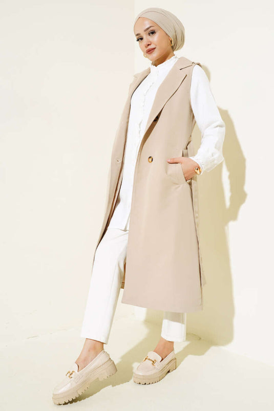 Geceintuurde trenchcoat met nul mouwen, beige