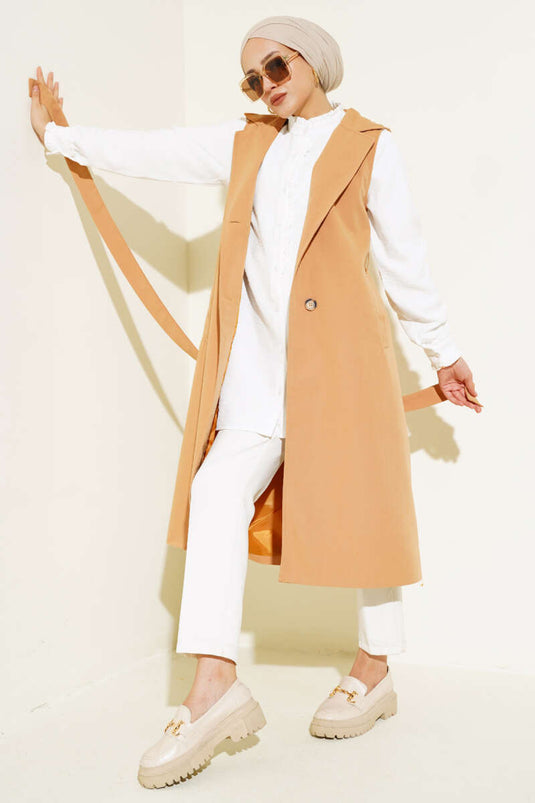 Geceintuurde trenchcoat met nul mouwen, camel