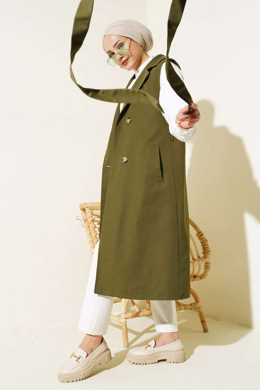 Belted Sleeveless Trench Coat Khaki