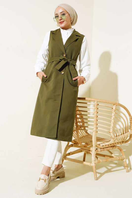 Belted Sleeveless Trench Coat Khaki